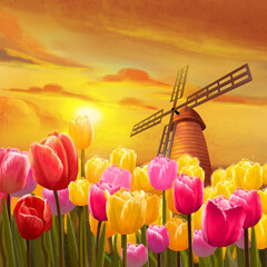 Tulips Garden. Realistic Fantastic Scenes. Fantasy Nature Backdrop. Concept Art. Book Illustration. Video Game Background. Serious Digital Painting. Scenery CG Artwork.
