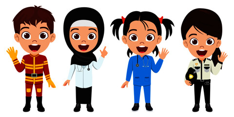 Happy kid doctors nurse police emergency  team character standing and posing