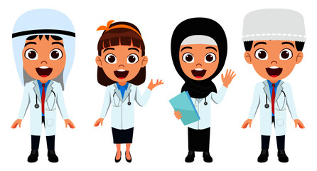 Happy kid doctor nurse team character standing and posing waving