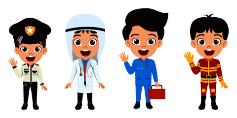 Happy kid boy doctor nurse police fireman emergency team character standing and posing