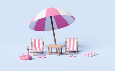 beach chair set for summer sea with umbrella,Inflatable flamingo,sandals,rubber raft isolated on blue background ,3d illustration or 3d render