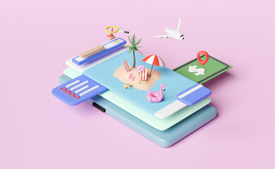 mobile phone or smartphone with palms,beach chair,banknote,pin,plane isolated on pink background. save money for summer travel vacation concept,3d illustration or 3d render