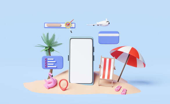 mobile phone or smartphone with palms,beach chair,search magnifying,pin,umbrella,sandals,plane isolated on blue background. save money for summer travel vacation concept,3d illustration or 3d render