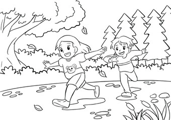 Kids Coloring Pages with Bro and Sister Playing Outside Together Black And White Vector Illustration for Coloring Book