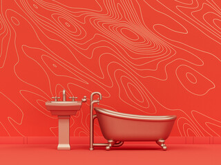 monochrome bathtub and sink , in flat orange color interior room,single color metallic gold,3d rendering