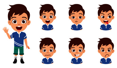 Happy cute kid boy character set with different facial expressions wearing beautiful outfit
