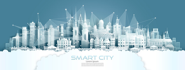 Technology wireless network communication smart city with architecture in Sweden. - obrazy, fototapety, plakaty