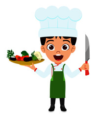 Happy cute kid boy character chef standing and holding cutter and vegetable with cheerful expressions isolated