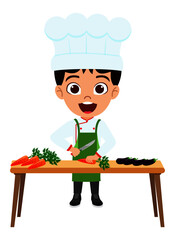 Happy cute kid boy character chef standing and holding cutter and cutting vegetable with cheerful expressions
