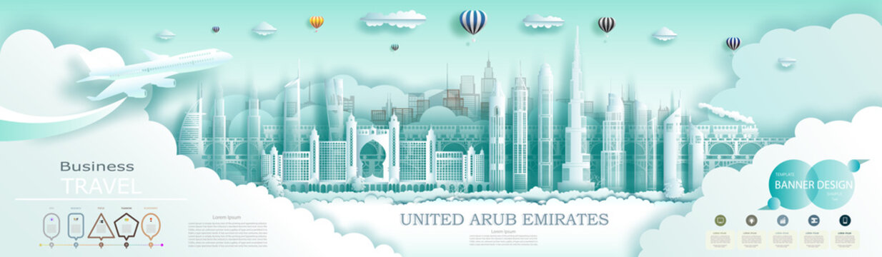 Advertising travel brochure United Arab Emirates top world modern skyscraper.