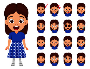 Cute beautiful kid girl character wearing beautiful blue outfit with different facial expressions and emotions