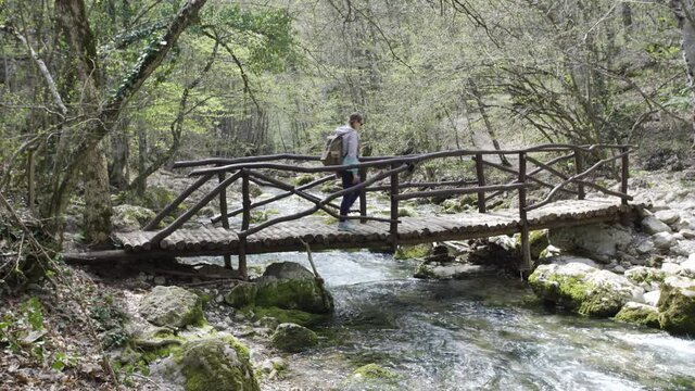 Fabulous wooden bridge in the forest. A woman walks across the bridge over the river. Wonderful forest landscape. 4K UHD