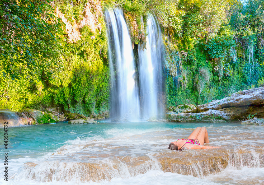 Wall mural deep forest waterfall - kursunlu waterfall with surface in shallow water - antalya, turkey