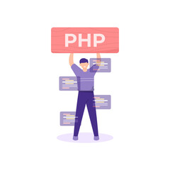 illustration of a man holding a board that says PHP. concept of a programmer, website developer, web builder, freelancer. job vacancy. flat cartoon style. vector design