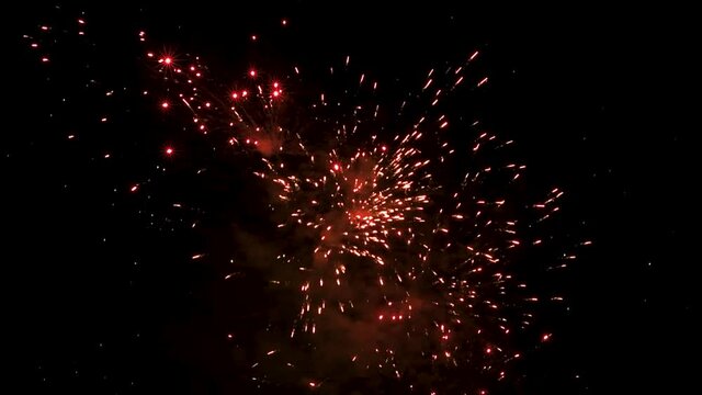 Crazy fireworks exploding in the black night. Close up.