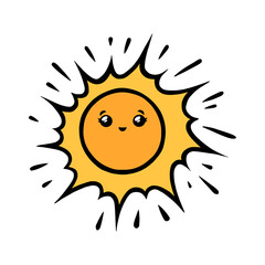 Funny sun character. Kawaii sun smiling face in doodle style. Black and white vector illustration isolated in white background