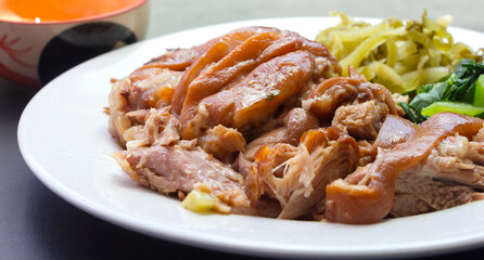stewed leg pork with sweet gravy sauce, Pork knuckle and side dishes Chinese style food.