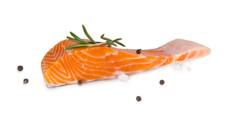 fresh raw salmon fillets with rosemary,rock salt, pepper isolated on white background.