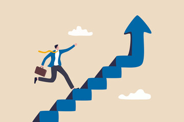 Fototapeta Improvement or career growth, stairway to success, growing income or improve skill to achieve business target concept, confidence businessman step walking up stair of success with rising up arrow. obraz