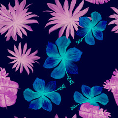 Fototapeta na wymiar Navy Seamless Design. Purple Pattern Painting. Cobalt Tropical Vintage. Azure Flower Illustration. Violet Decoration Art. Indigo Watercolor Botanical. Banana Leaves.