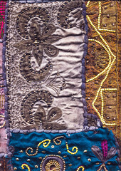 Indian sari pieces recycled and sewn together to make wall hangings or cushions