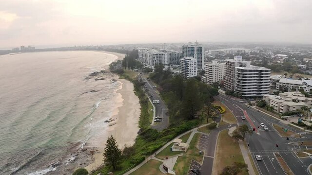 Panorama Of Mooloolaba Beach With Oceanfront Apartments And Coastal Road At Sunshine Coast Region, Queensland, Australia. - aerial