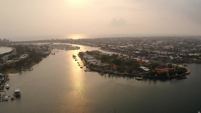 Aerial View Of Mooloolaba River Near Boat Ramp At Sunrise Near Buddina And Minyama In The Sunshine Coast Region, Queensland, Australia.