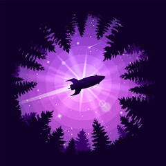 The rocket flies over the forest. The spaceship takes off with fire. Illustration for cover, advertisement, banner or puzzles. Theme or wallpaper for your phone. Stock vector illustration. EPS 10