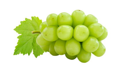 Cutout beautiful bunch of fresh green Shine Muscat grape with leaf isolated on white background