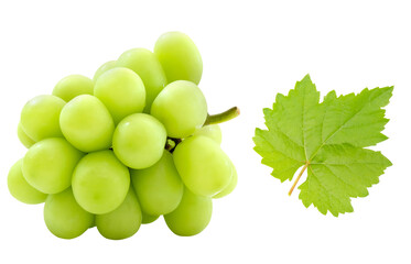 Set of cutout beautiful bunch of fresh green Shine Muscat grape and separated leaf isolated on...