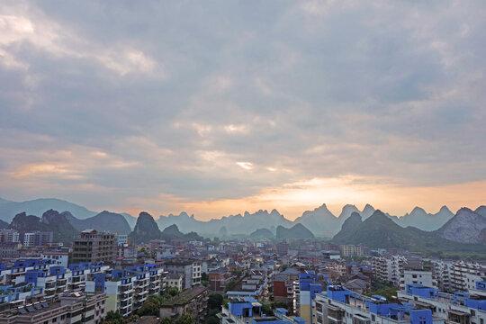 Guilin : Beautiful cityscape of Gulin city, Guangxi province, China in morning. Bird eye view of Guilin city with sunrise.