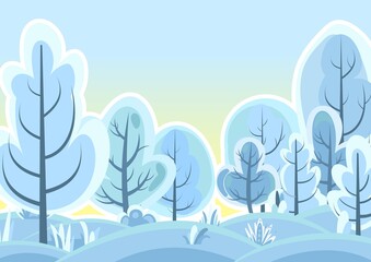 Fototapeta na wymiar Flat winter forest. Beautiful frosty landscape with snow covered trees. Sunrise. Illustration in simple symbolic style. Funny scene. Comic cartoon design. Country drifts. Vector