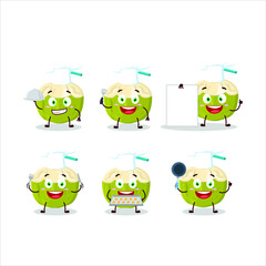 Cartoon character of green coconut drink with various chef emoticons. Vector illustration