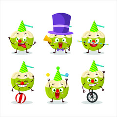 Cartoon character of green coconut drink with various circus shows. Vector illustration