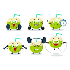 Obraz premium A healthy green coconut drink cartoon style trying some tools on Fitness center. Vector illustration