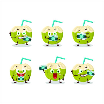 Photographer profession emoticon with green coconut drink cartoon character. Vector illustration