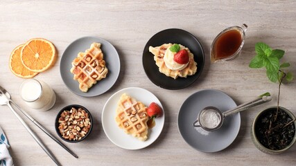 Fresh Baked Delicious Homemade Croissant Waffle with Strawberry. Top View Served on Small Cake Plate, Cream Clean Background for Advertising.