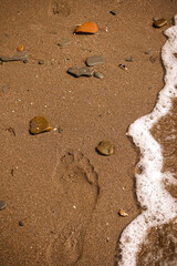 Human footprint and foamy sea wave on a sandy beach