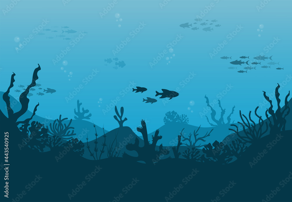 Sticker Silhouette of coral reef with fish and scuba diver on a blue sea background. Underwater marine wildlife. Nature vector illustration.