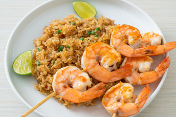 fried rice with shrimps skewers