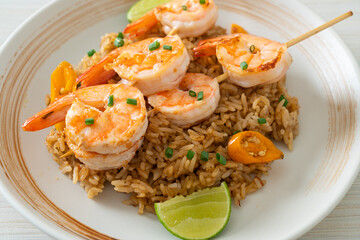 fried rice with shrimps skewers