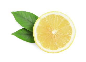 Cut ripe lemon with green leaves isolated on white, top view