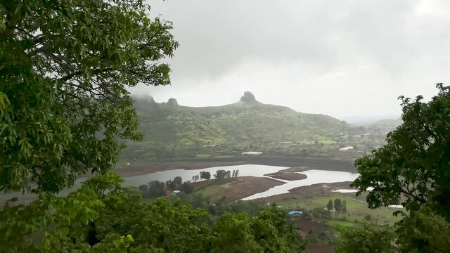 Calm River At Brahmagiri Mountain Range Near Trimbakeshwar Town In Western Ghats, Maharashtra, India. - Aerial Wide Shot