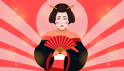 Geisha illustration with japanese background