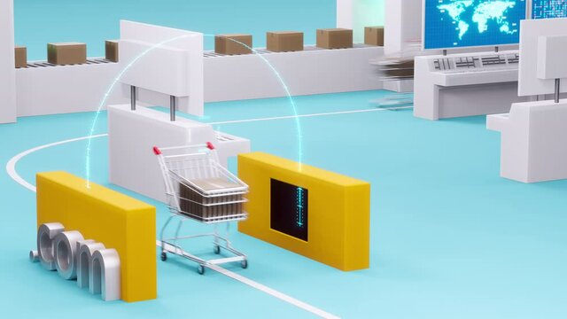 荷物を乗せて走るショッピングカートの3Dモーショングラフィックス / ループ再生可能 / オンラインショッピング・電子決済・スピード出荷のコンセプトイメージ