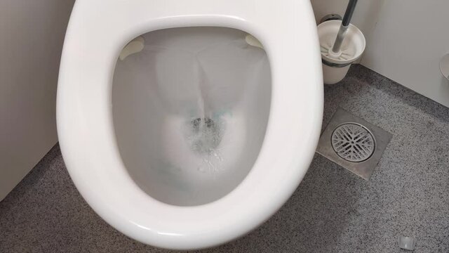 Ships vacuum toilet with soap and cleaning agent flushed twice - Toilet paper and soap sucked down the drain - static handheld above toilet bowl