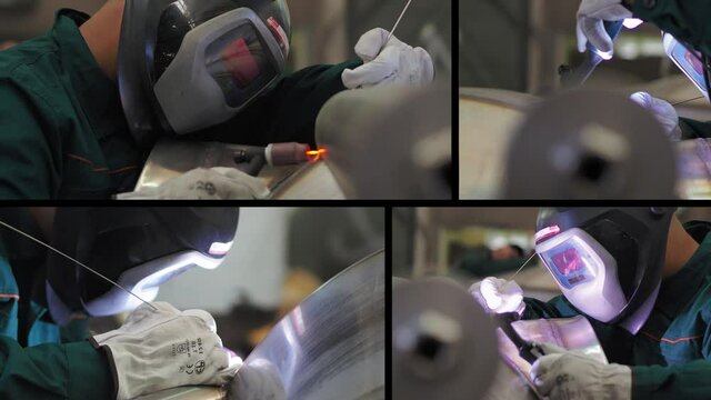 Composition of welder, using VIG, TIG, MIG MAG method to welding stainless steel parts. The welder uses a mask to protect his eyes. Argon welding of stainless steel cylinder.