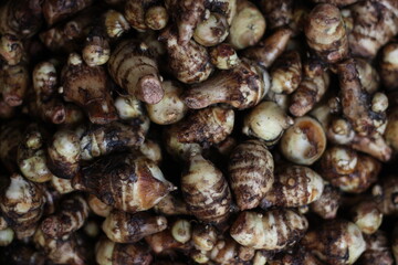 A bunch of taro roots. it's a vegetable And it has to be cooked and eaten