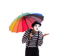 Mime with umbrella isolated on white background