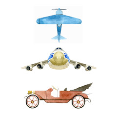 Watercolor vector illustration boys toy baby shower set with the car, airplane. Illustration handpainted cute baby toys elements for kids